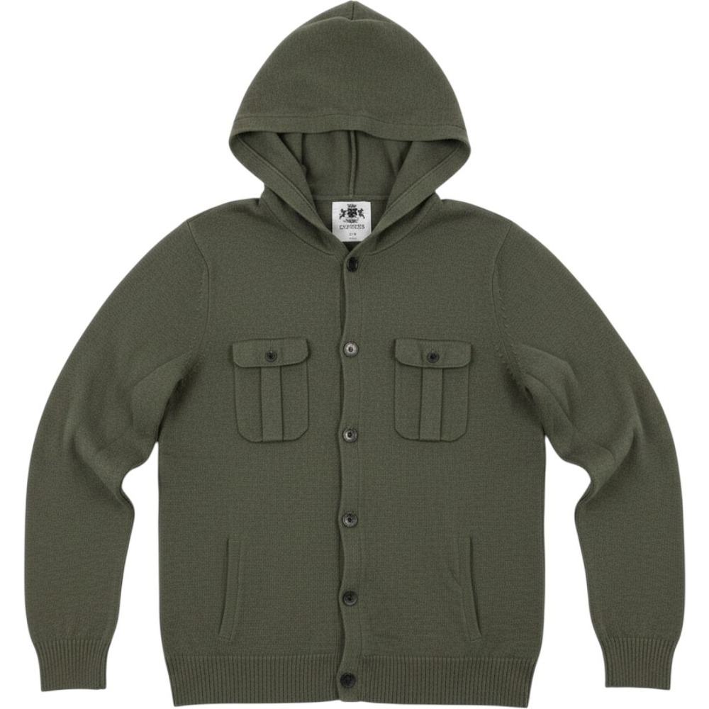 Express Hooded Cardigan Mens L Olive Green Button Front Cotton Sweater Utility